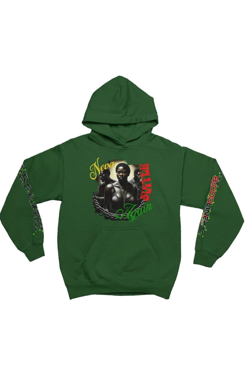 Green hoodie with graphic design on a white background